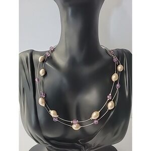 Vintage Lia Sophia Necklace Beaded Pink Purple Silver Tone Jewelry Costume